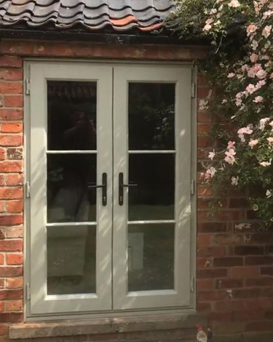 Olive grey uPVC French doors with Georgian bars